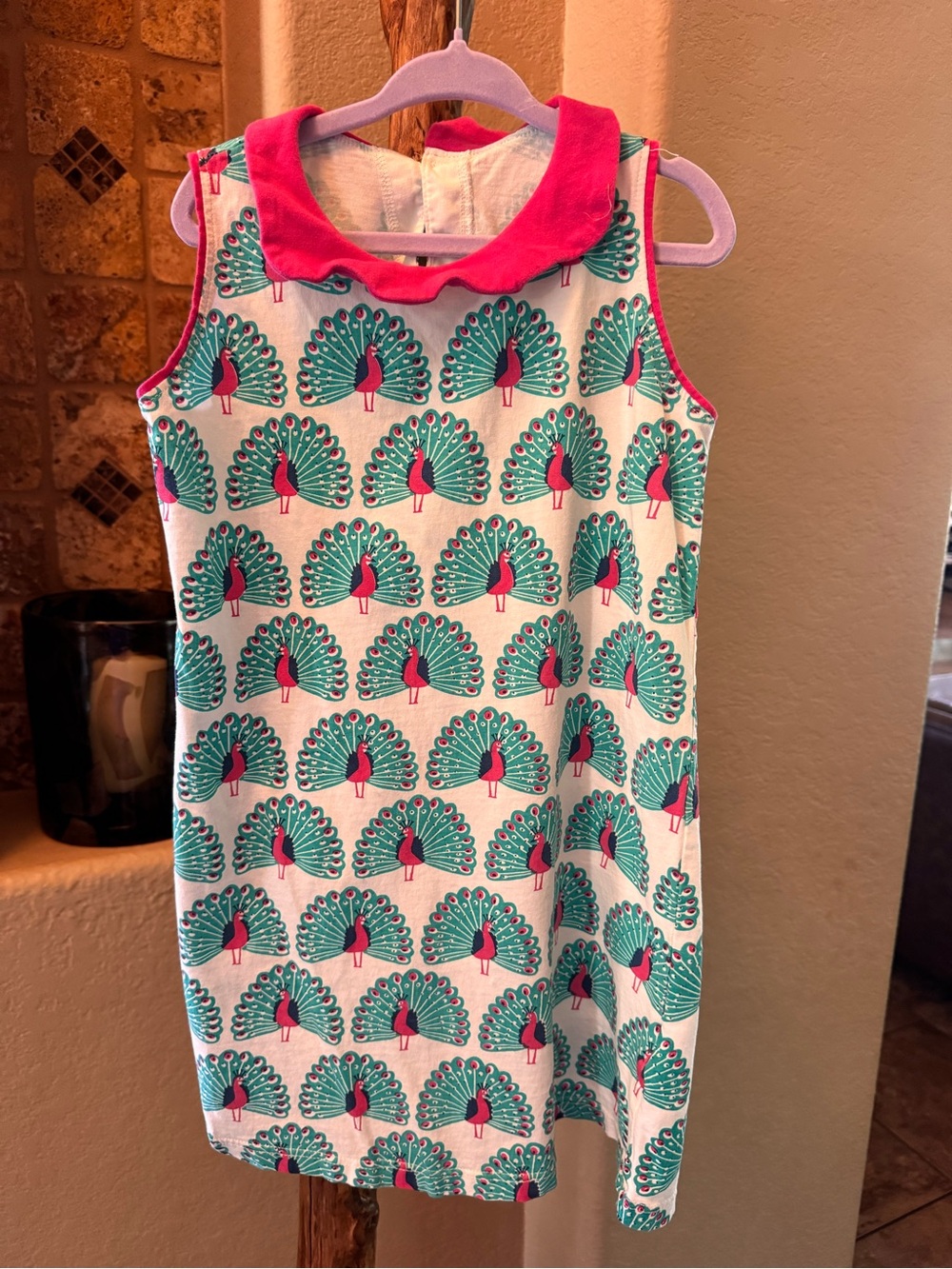 Girls Peacock Print Sleeveless Dress with Pink Collar